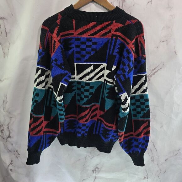 Vintage Sweater Men Medium Black Red Blue Acrylic 90s Raglan Ikat Geometric - Picture 5 of 11